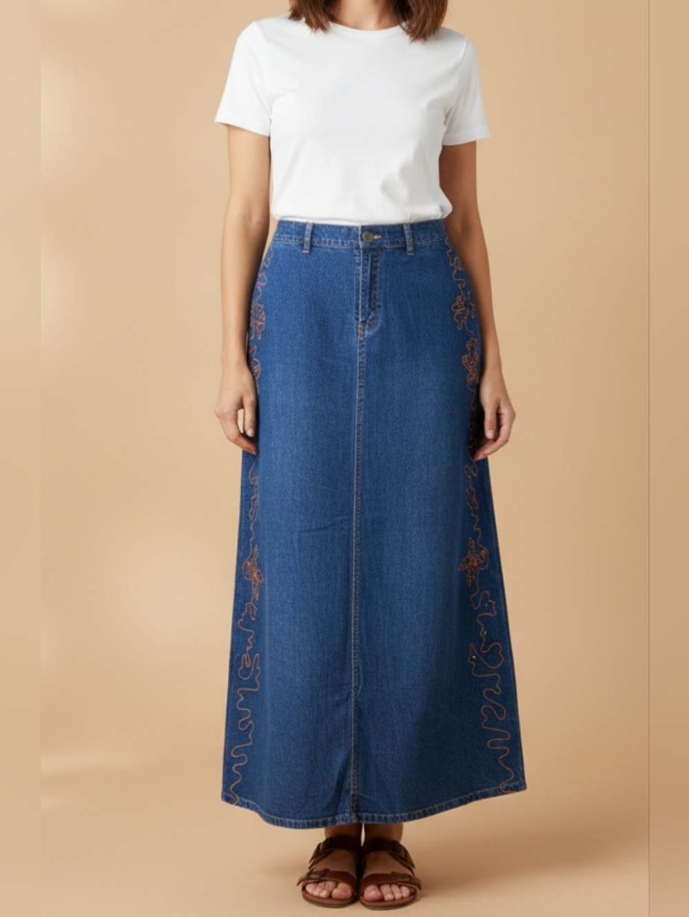 Long blue embroidered denim skirt